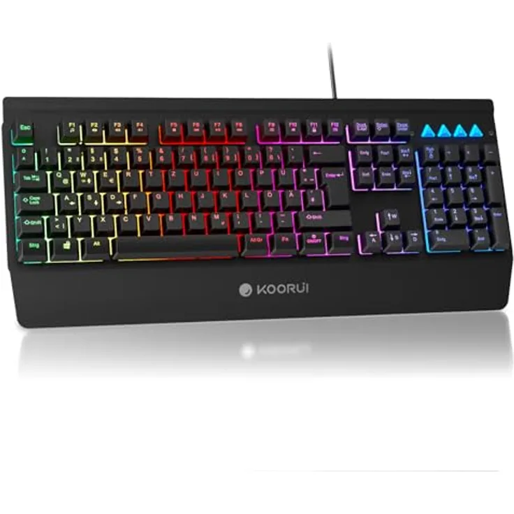 KOORUI Gaming Tastatur K0104, Deutsches QWERTZ-Layout, Handballenauflage, Anti-Ghosting, USB, 12 Multimedia Tasten, spritzwassergeschützt, schwarz