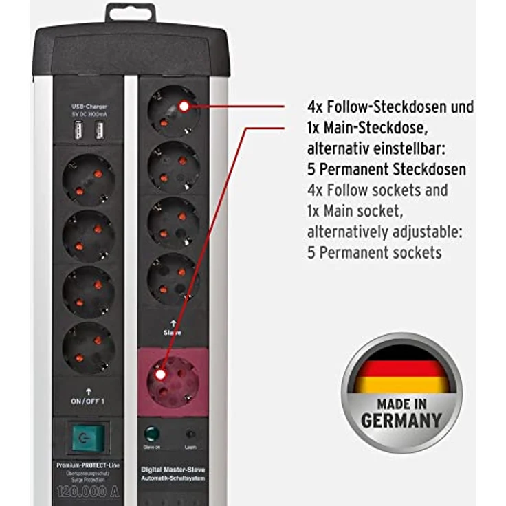 Brennenstuhl Premium-Protect-Line Gaming-Steckdosenleiste 11-fach mit Überspannungsschutz, Master Slave Funktion und 2 Schalter (Mehrfachsteckdose 2-fach USB 3,1 A, 3m Kabel, Made in Germany) – Bild 2