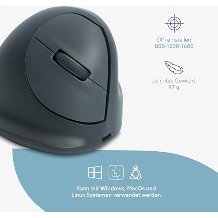 R-Go HE Basic Ergonomische Maus, Bluetooth 5.0, Wiederaufladbar, Vertikale Ergo Maus, 1600 DPI, Schwarz – Bild 5
