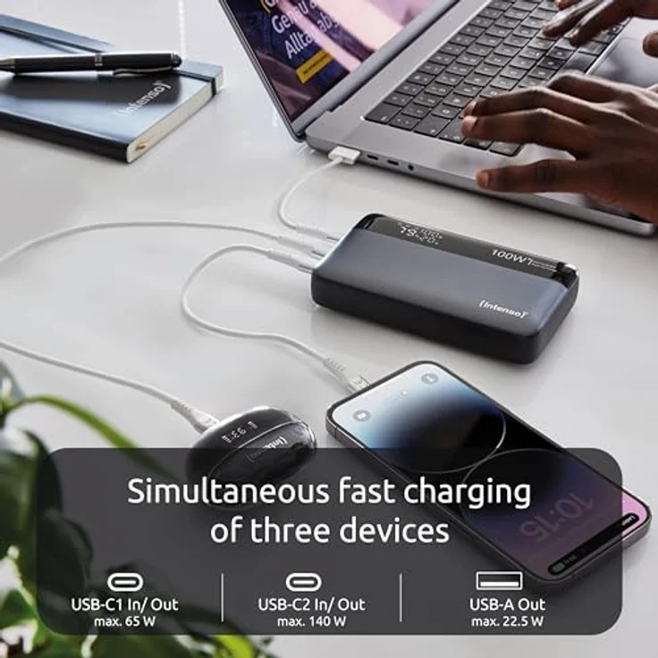 Intenso Powerbank HE20000, externer Akku mit Power Delivery (100W) & USB-C zu USB-C Ladekabel, 20000mAh, Grau-Schwarz – Bild 3