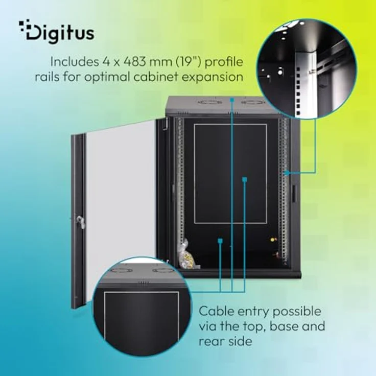 DIGITUS Netzwerkschrank Dynamic-N, 19-Zoll Rack 16HE, unmontiert, Wandmontage, 450 mm Tiefe, 320 mm Nutztiefe, 60 kg Traglast, abschließbare Glastür, schwarz – Bild 5