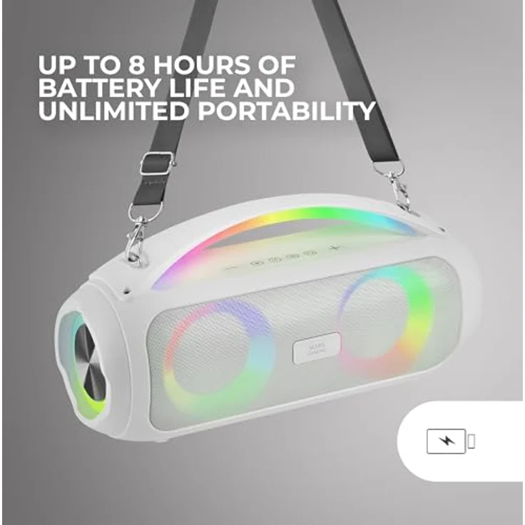 Mars Gaming MS-Pulse, Tragbarer 50W RMS Bluetooth-Lautsprecher mit RGB-Beleuchtung, 2 Aktive 93mm Treiber, 2 Passive Ultra-Bass-Treiber, USB/MicroSD/AUX/FM, Weiß – Bild 5