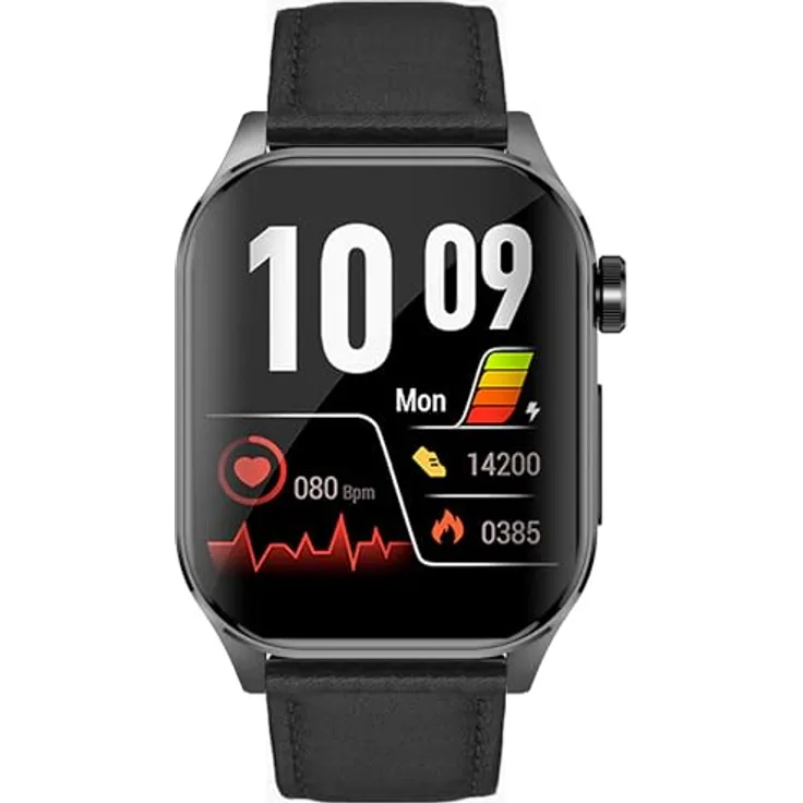Knauermann PRO 3 (2024) Schwarz - Gesundheitsuhr Smartwatch mit Telefoniefunktion - EKG + HRV und SOS Funktion - AMOLED Display- BT Bluetooth - Schlafapnoe - Echtlederband Schwarz, 14-24