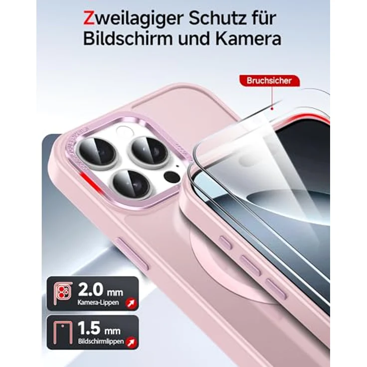 LeYi Hülle für iPhone 16 Pro, MagSafe kompatibel, Militärschutz, stoßfest mit 2 Schutzglas, rosa, anti-rutsch, kratzfest, dünn – Bild 3