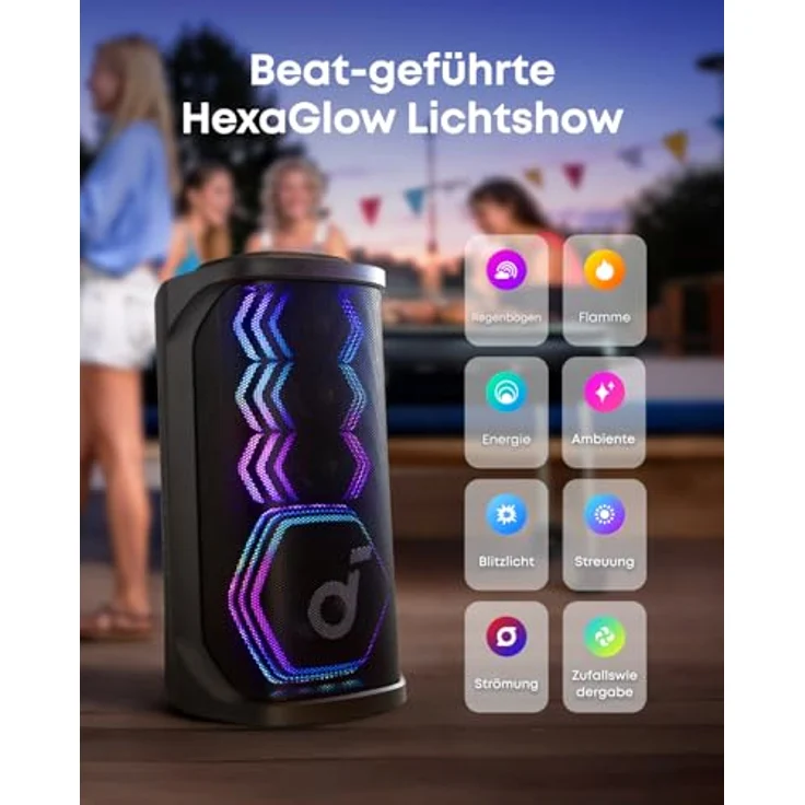 soundcore Rave 3S Partybox, Bluetooth Lautsprecher mit 200W Sound, KI-Karaoke, 2 kabellose Mikros, Lichtshow, 12h Spielzeit für innen & außen – Bild 5