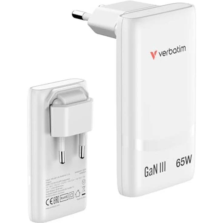 Verbatim GaN III Fold 'n' Go Charger 2 Port 65W USB-C, kompaktes USB Ladegerät in Weiss – Bild 1