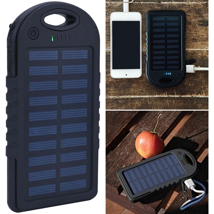 Casativo Solar Powerbank mit integrierter Taschenlampe, 4.000 mAh, 2x USB-A Anschlüsse, 10 Watt, inkl. Solarpanel und Ladestandanzeige für iPhone, Samsung, Android
