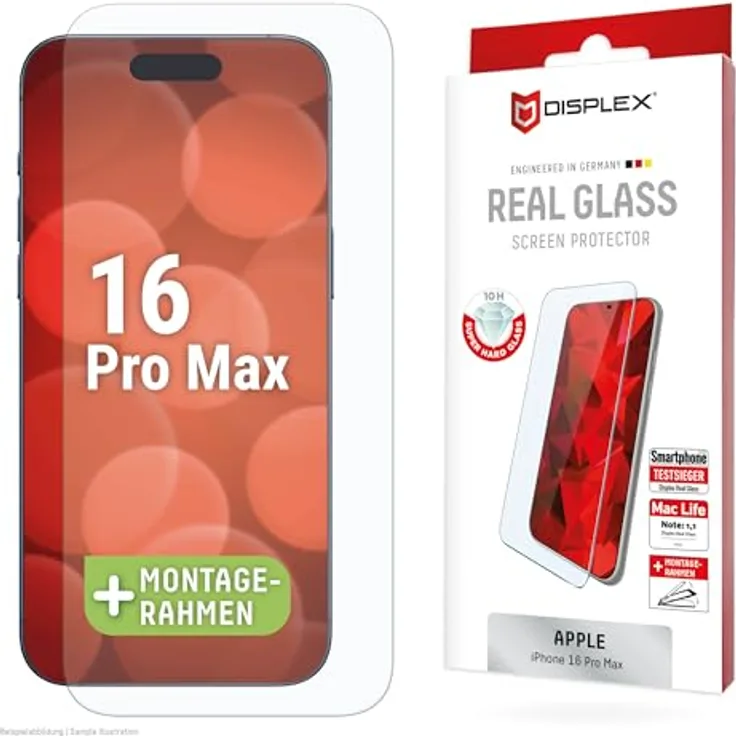 Displex Panzerglas 2D/ Clear (10H) für Apple iPhone 16 Pro Max, Kratzresistente Schutzfolie, hüllenfreundlich