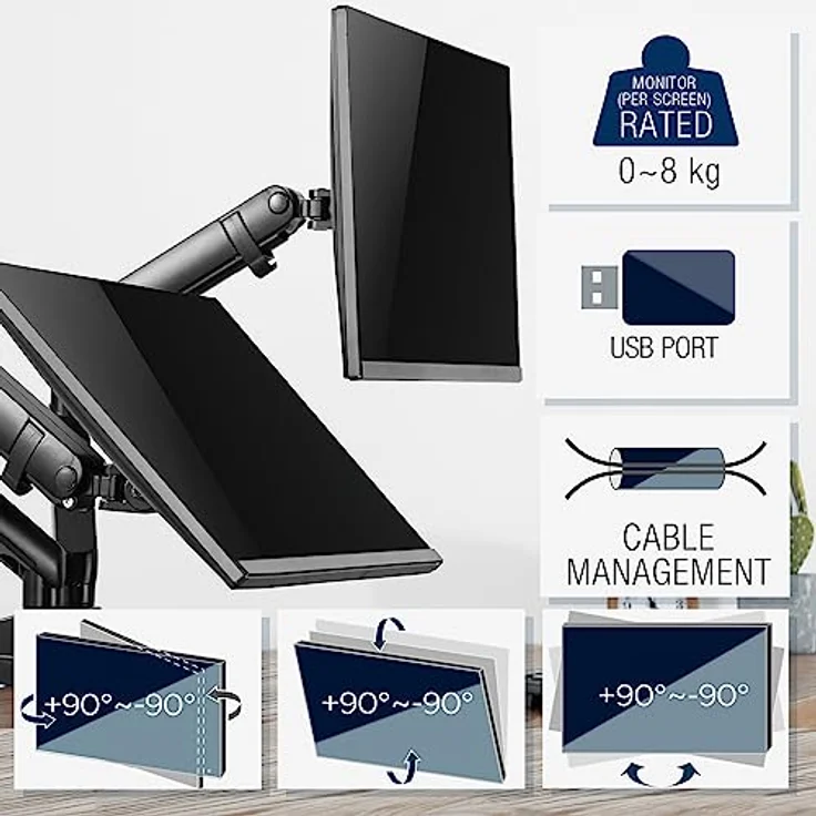 CAVO Motion Monitorhalterung mit 2 USB Anschlüsse für 2 Monitore 17-32 Zoll bis je 9 kg 2-armig Bildschirm drehbar, schwenkbar, neigbar Bildschirmhalterung – Bild 3