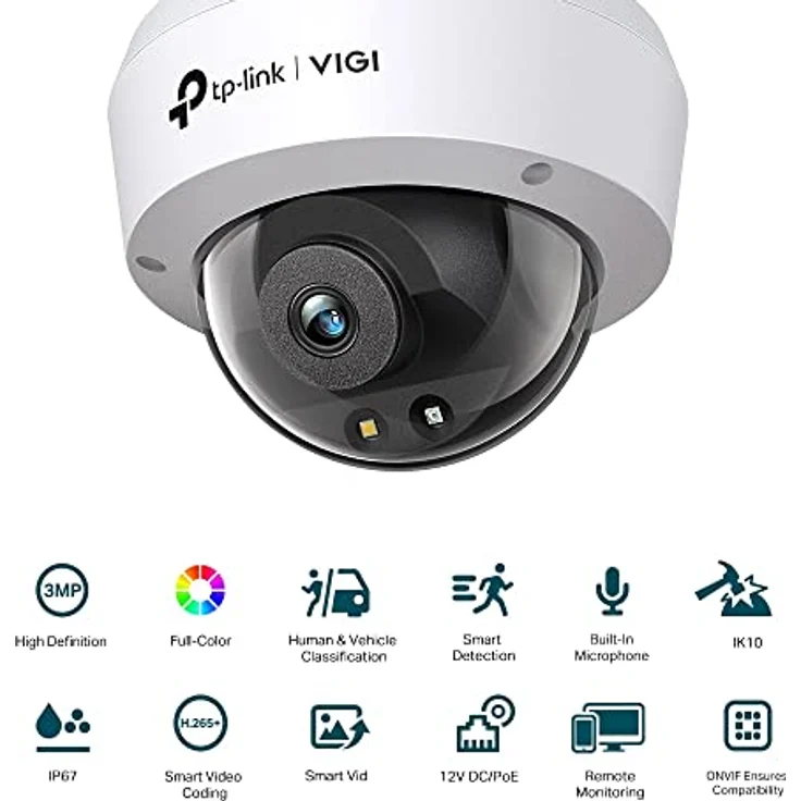 TP-Link VIGI C230 Smart Sicherheitskamera mit 4 mm Objektiv, 3 MP HD Vollfarbkuppel-Netzwerkkamera, IK10 vandalensicher, IP67 wasserdicht, H.265+, PoE/12 V CCTV – Bild 2