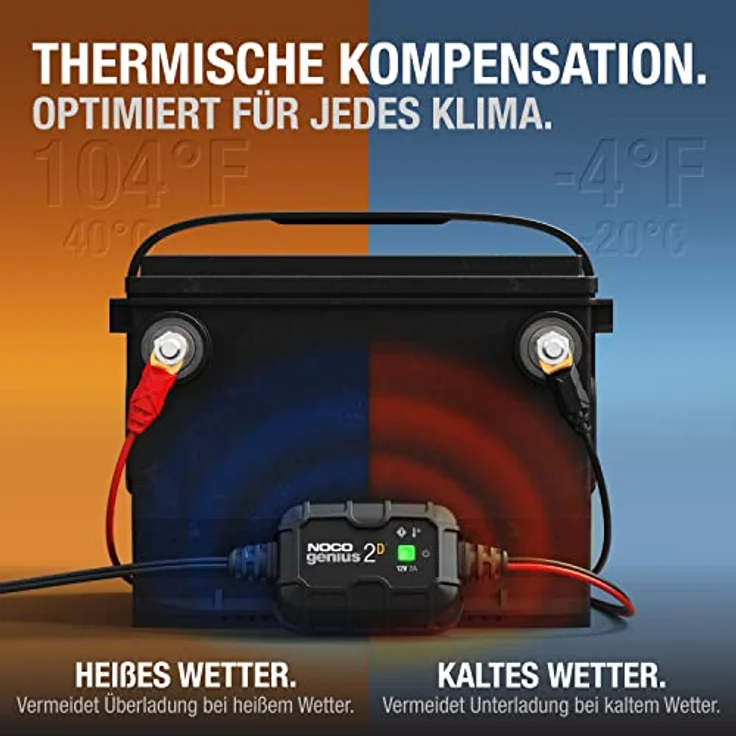 NOCO GENIUS2DEU Automatikladegerät 12V 2A, kompaktes und intelligentes Ladegerät für Blei-Säure-Batterien, IP65 Schutz – Bild 4