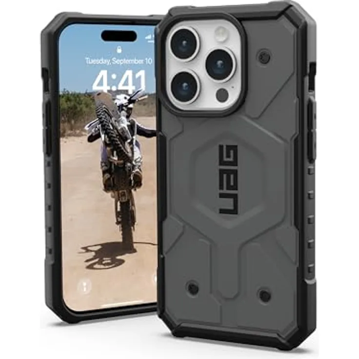 URBAN ARMOR GEAR Pathfinder Hülle kompatibel mit Apple iPhone 15 Pro Case [Wireless Charging/Magnetisches Aufladen kompatibel, Fallschutz nach Militärstandard] Silber