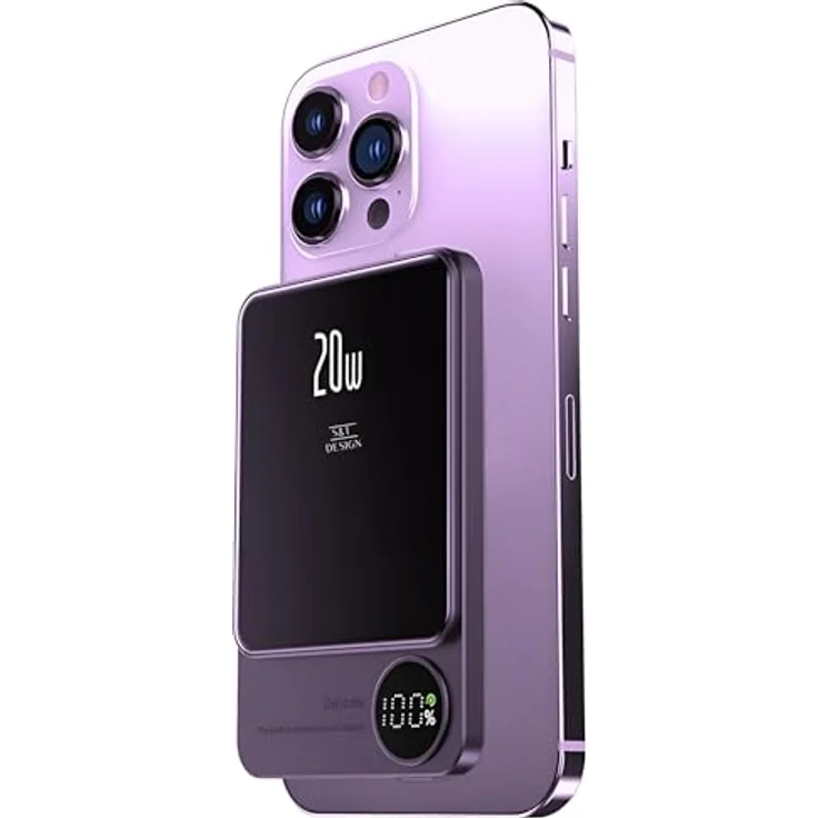 S&T Design Magnetische Powerbank 5000mAh, Kabellose Powerbank für iPhone Serie, PD 20W Mini Powerbank USB-C, Violett – Bild 1