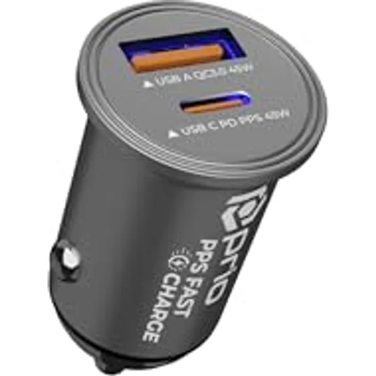 Prio KFZ-Schnellladegerät 45W PD PPS (USB C) + 45W (USB A), silber, duales Laden für Smartphones und Laptops