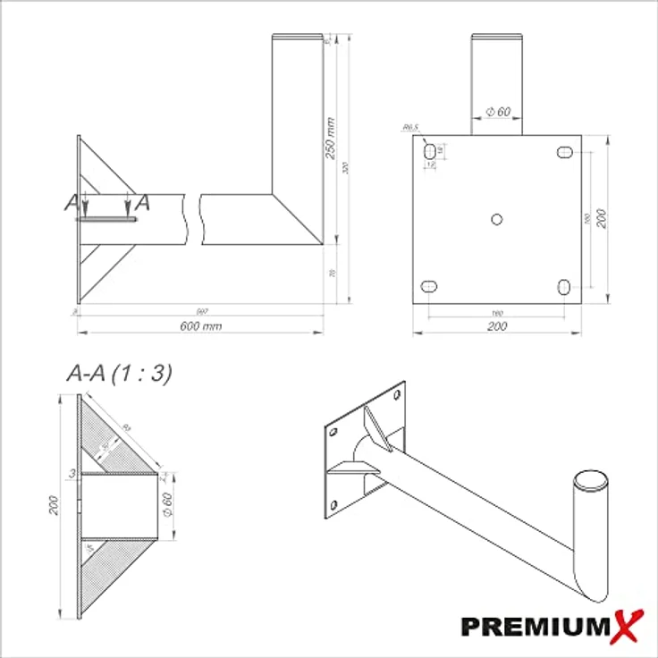 X 60cm Wandhalter Stahl verzinkt SAT Antenne Wandhalterung Wand Montage Halter Wandabstand 60 cm Durchmesser: 60mm mit Verstrebung – Bild 4