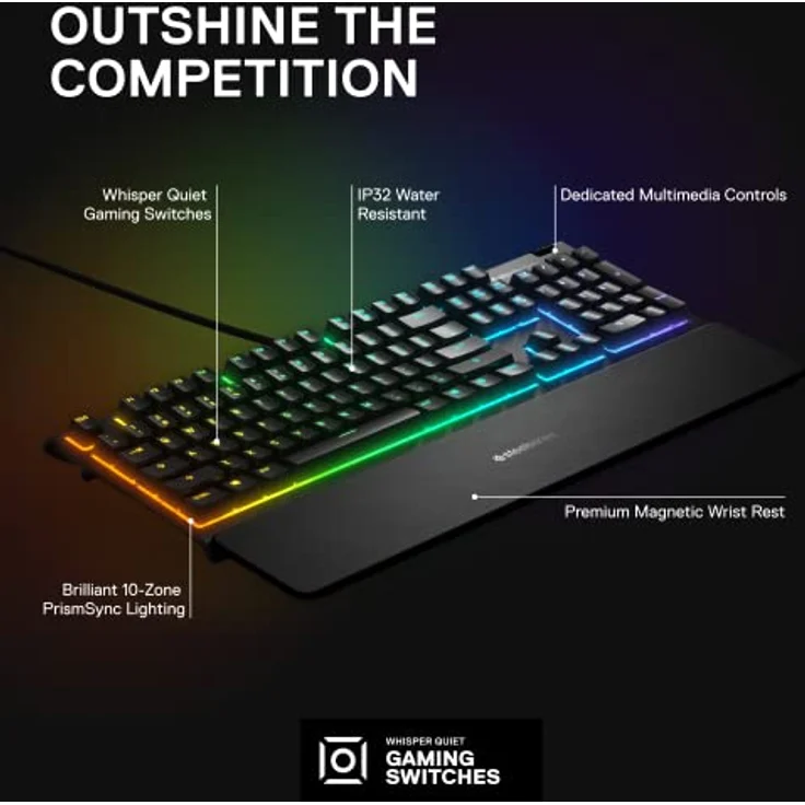 SteelSeries Apex 3 RGB Gaming Tastatur 10-Zonen RGB Beleuchtung IP32 Wasserabweisend Premium Magnetische Handgelenkauflage 64812 flüsterleise fühlbar & geräuschlos – Bild 3