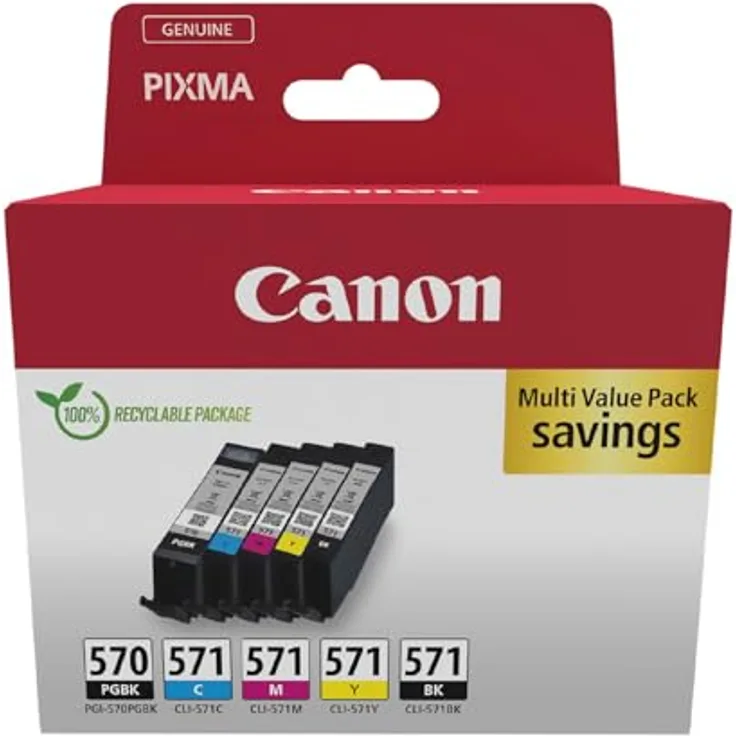 Canon PGI-570 / CLI-571, Druckerpatronen Multipack (M, C, Y, PGBK, BK) für bis zu 1.105 Seiten, hochwertige Farb- und Textdrucke, ChromaLife100 System