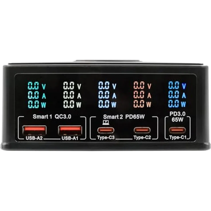 Exsys EX-1106 Multiport High Power Charger, 160W, QI 15W, USB-C PD, 6 Geräte gleichzeitig aufladen, mit Display – Bild 1