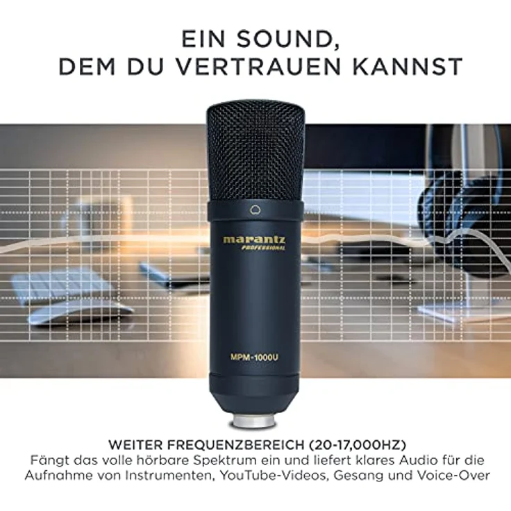 Marantz Professional MPM-1000U - Großmembran USB Kondensator Mikrofon mit Nierencharakteristik für Podcast, Studio, Gaming mit USB-Kabel und Mic Clip – Bild 4