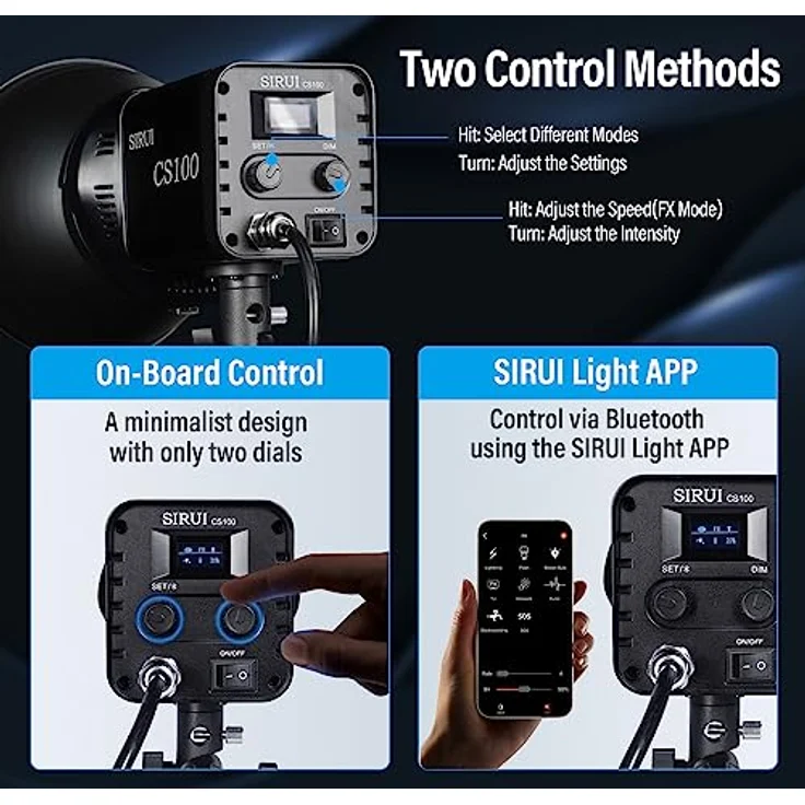 SIRUI CS100 100W LED-Videoleuchte, tragbare Tageslicht-Dauerbeleuchtung, 5600K CRI 96, TLCI 98 4000Lux/m, Bowens-Mount, 8 Spezialeffekte, APP-Steuerung - Aluminiumgehäuse, leicht und leistungsstark – Bild 4