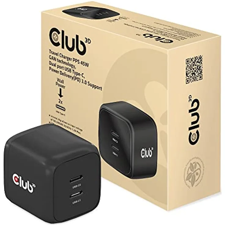 Club 3D CAC-1909EU Reiseladegerät PPS 45W GAN-Technologie, Dualer Anschluss USB Typ-C, Power Delivery(PD) 3.0 Unterstützung