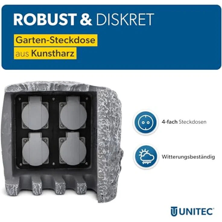 UNITEC Steckdosenverteiler für den Garten in Steinoptik, Gartensteckdose, Außensteckdose, IP 44, 4 Steckdosen Würfel – Bild 3