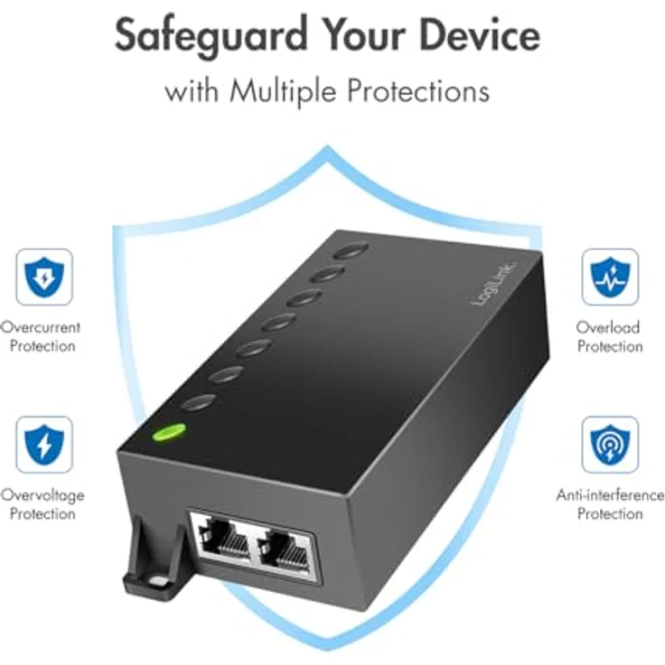 Logilink Gigabit PoE++ Injector 60 W, automatische Erkennung von PoE-Endgeräten, 2 Gigabit-RJ45-Ports, Plug & Play Installation, schwarz – Bild 3