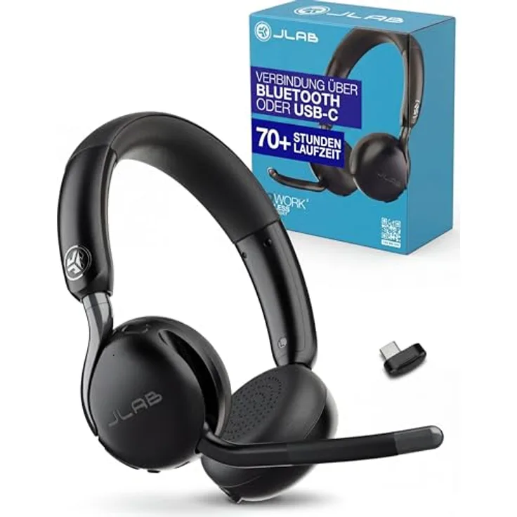 JLab Go Work 3, Bluetooth Headset mit Mikrofon, 70+ h Akku, On-Ear, verbesserte Geräuschunterdrückung