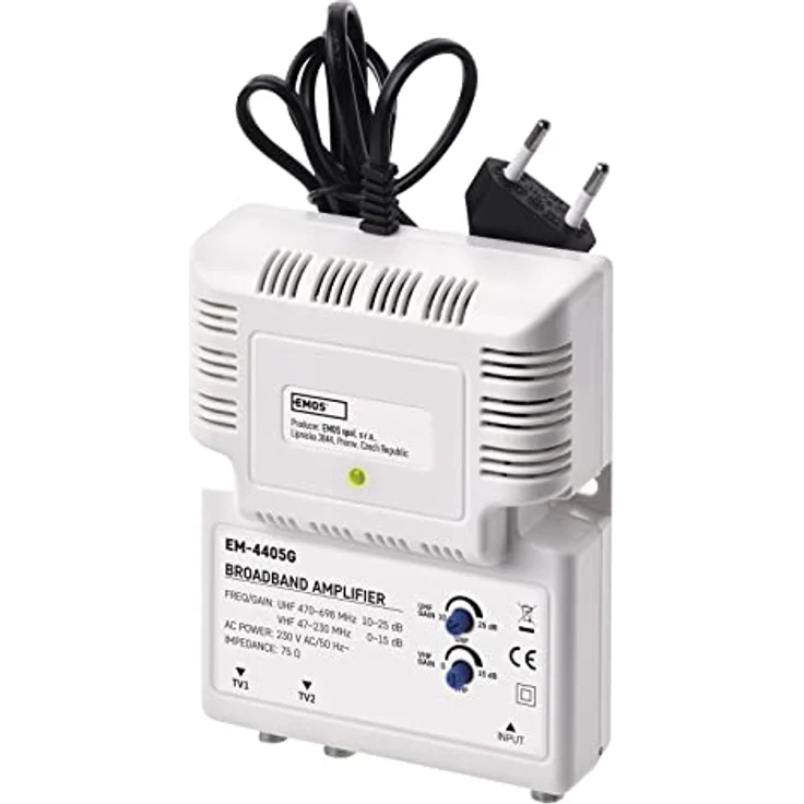 EMOS Breitband-Verstärker 25 dB, Signalverstärker für DVB-T2 und Kabelfernsehen, Frequenzbereich 47–230 MHz, 470–698 MHz, 1 Eingang, 2 Ausgänge, 10,5 x 13,5 x 4 cm – Bild 3