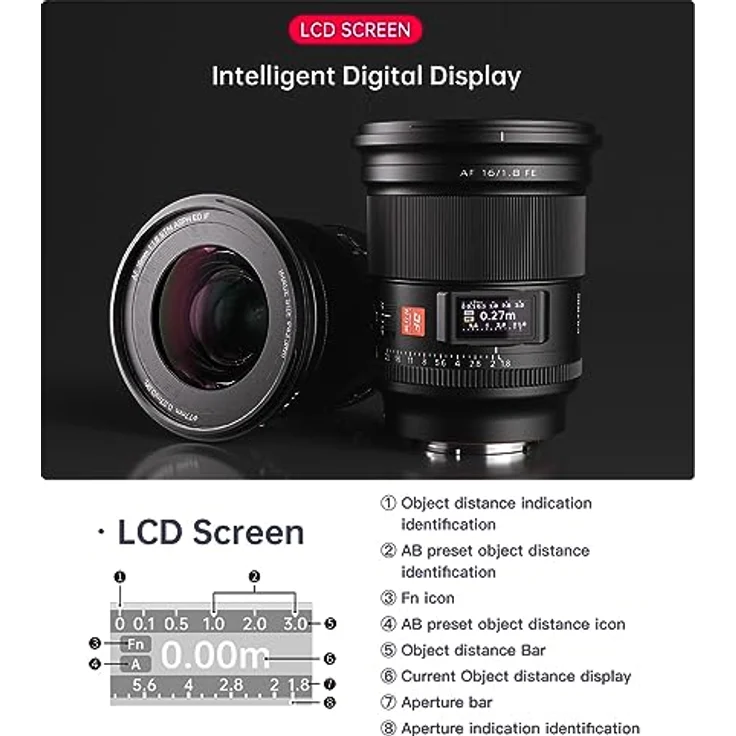 VILTROX AF 16mm F1.8 FE Objektiv, großes Vollformat-Weitwinkelobjektiv mit LCD-Display für Sony E-Mount Kameras, 16 mm Brennweite, präziser Autofokus – Bild 5