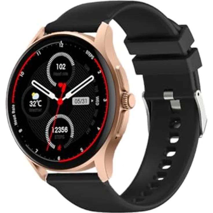 Knauermann Neo (2024) Gold Rund - Gesundheitsuhr Smartwatch - EKG + HRV Funktion - BT Bluetooth - Schlafapnoe - Blutdruck - Silikonband Schwarz, 14-24