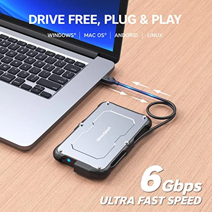 GRAUGEAR | USB-C externes Gehäuse für 2,5“ SATA SSD/HDD | UASP SATA III USB 3.2 Gen2 6 Gbit/s | Spritzwasser geschützt IP66 | Integriertes USB-C Kabel | G-2502-C-10G – Bild 2