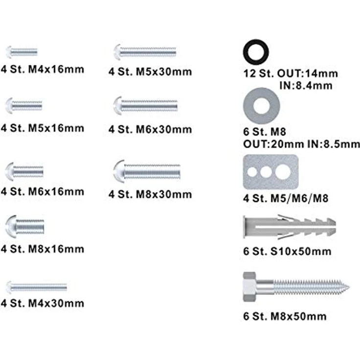 [Neu] conecto Vesa Schrauben Set 66 teilig, optimal für TV Befestigung, TV Wandhalterung, TV Halterung, Befestigungsschrauben mit Dübel & Unterlegscheiben, Silber - Preisvergleich – Bild 3