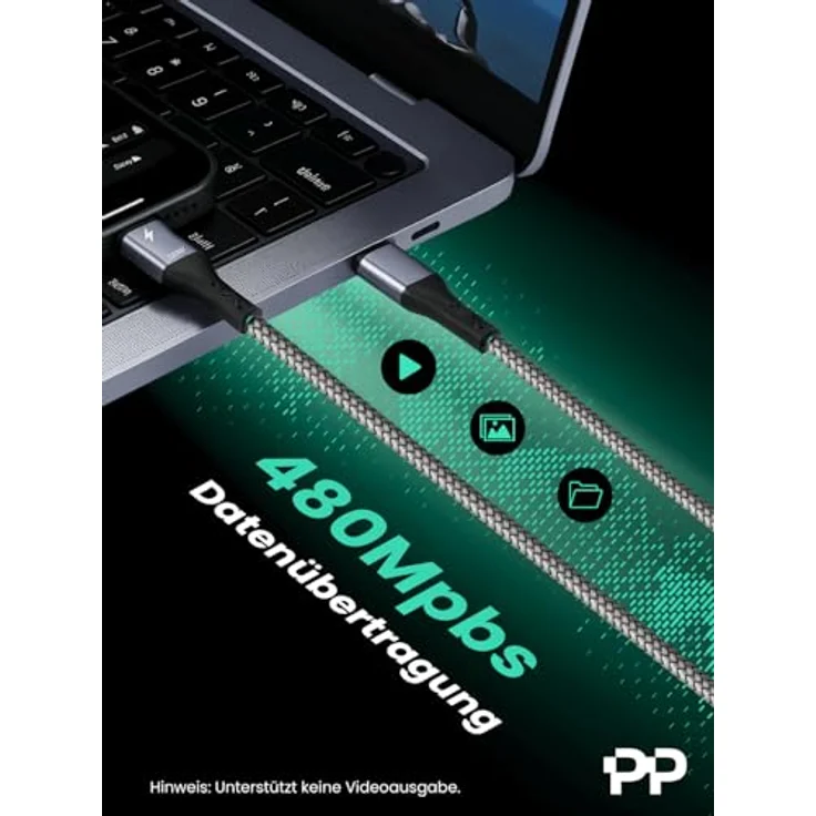 PROFIPATCH ProfiPatch USB C auf USB C Kabel 3m, 100W PD 3.0, 5A, E-Mark Chip, grau, Textil, Schnellladekabel für Notebooks, Laptops und Handys – Bild 3