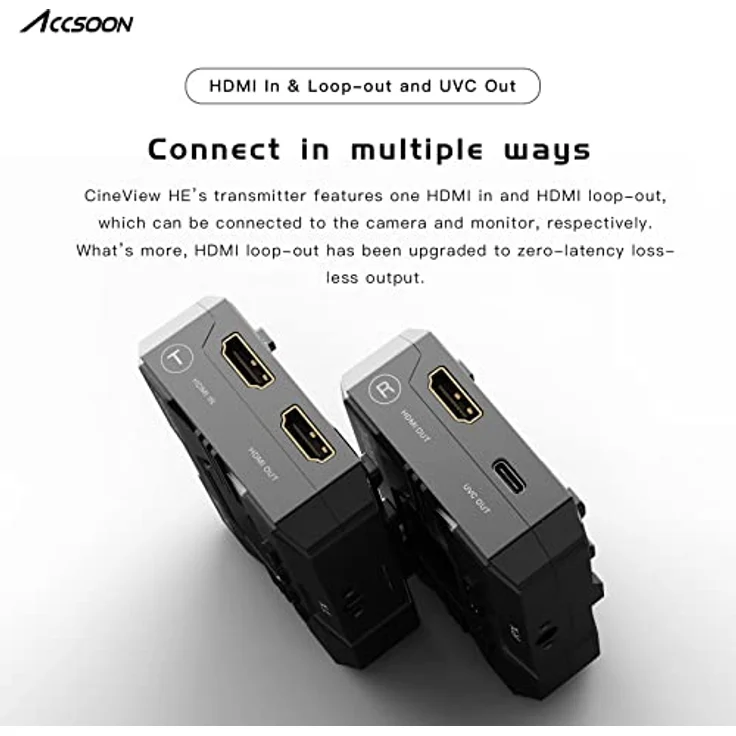 Accsoon CineView HE Drahtlos Video & Bildübertragungssystem Eingang und HDMI/UVC-Ausgang Dual Transfer 2, 4 GHz / 5 bis zu 350 m, iOS Android für Tik-Tok YouTube Live-Streaming (1xR 1xT) – Bild 5