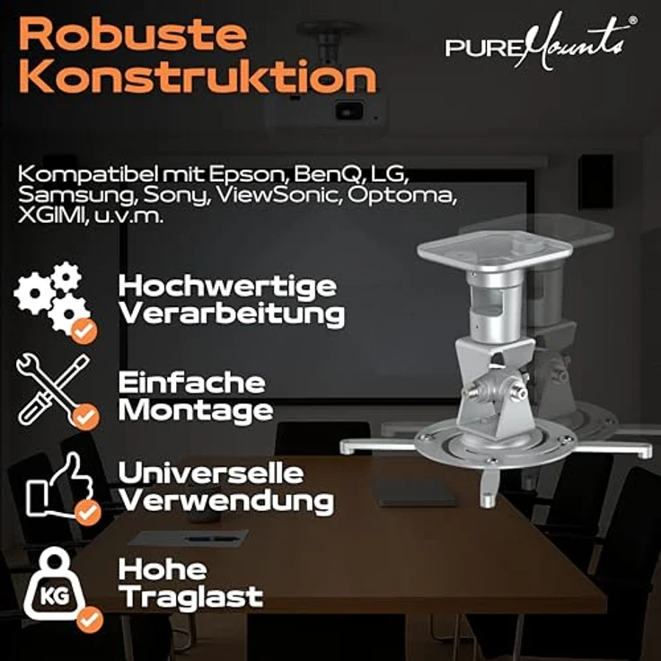 PureMounts PM-SPIDER-PLUS-S Beamer Deckenhalterung, neigbar 25°, drehbar, Deckenabstand: 225mm, Traglast max. 15kg, Lochabstand 180-310mm, silber – Bild 7