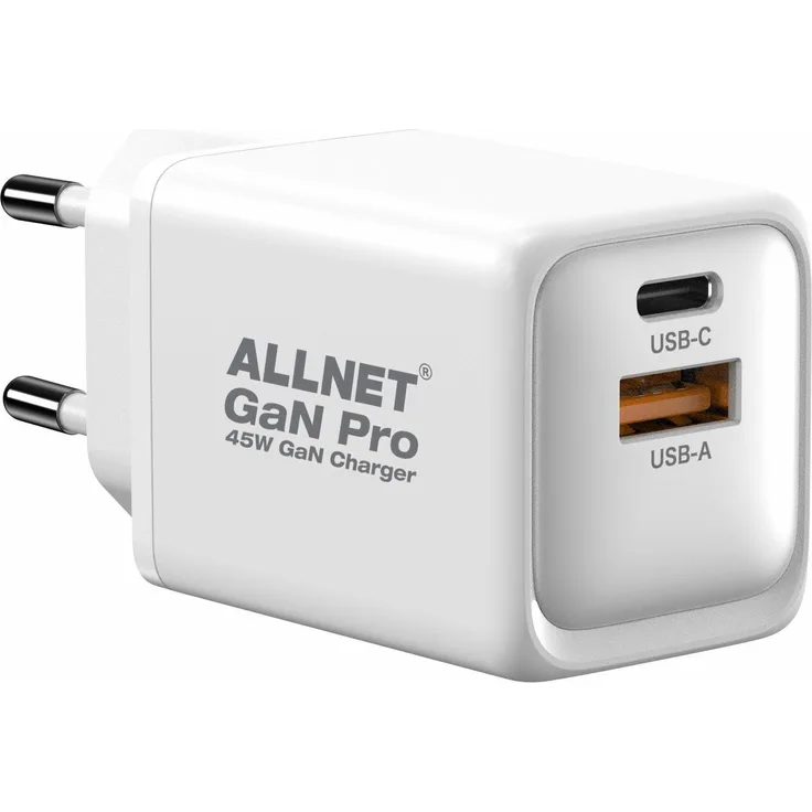 Allnet QC USB-C PD GaN Netzteil 45W, Schnellladegerät mit 1x USB Typ-A und 1x USB Typ-C, effizient und kompakt