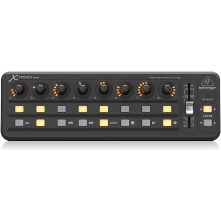 Behringer X-Touch Mini, MIDI Controller mit 8 Drehreglern, 16 beleuchteten Tasten und 60 mm Schieberegler, Schwarz – Bild 1