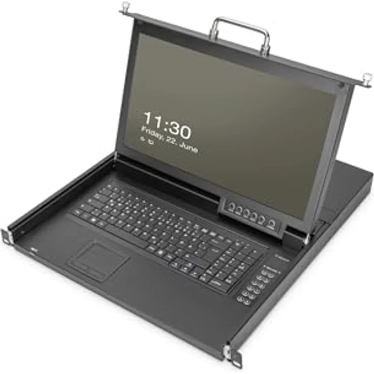 Digitus Modulare HD LCD TFT KVM-Konsole, 17" mit 8 Port VGA, US Tastatur, RAL 9005 schwarz, Full-HD 1080P, kaskadierbar, bruchsicheres Schutzglas – Bild 1