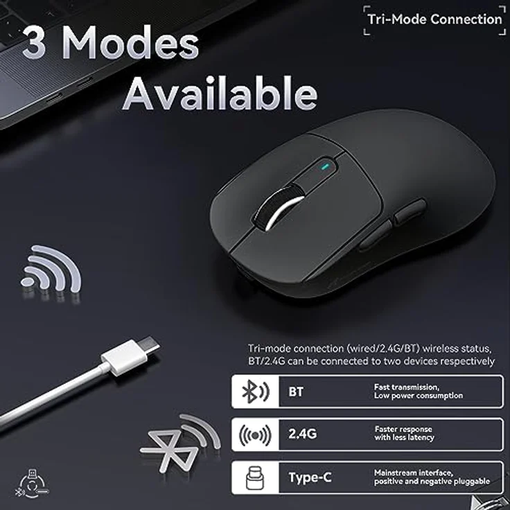 ATTACK SHARK X3MAX, 49g SUPERLIGHT Gaming Mouse mit PixArt PAW3950 Sensor, 42000 DPI, BT/2.4G Wireless/Wired, 200 Stunden Akku, Schwarz – Bild 5