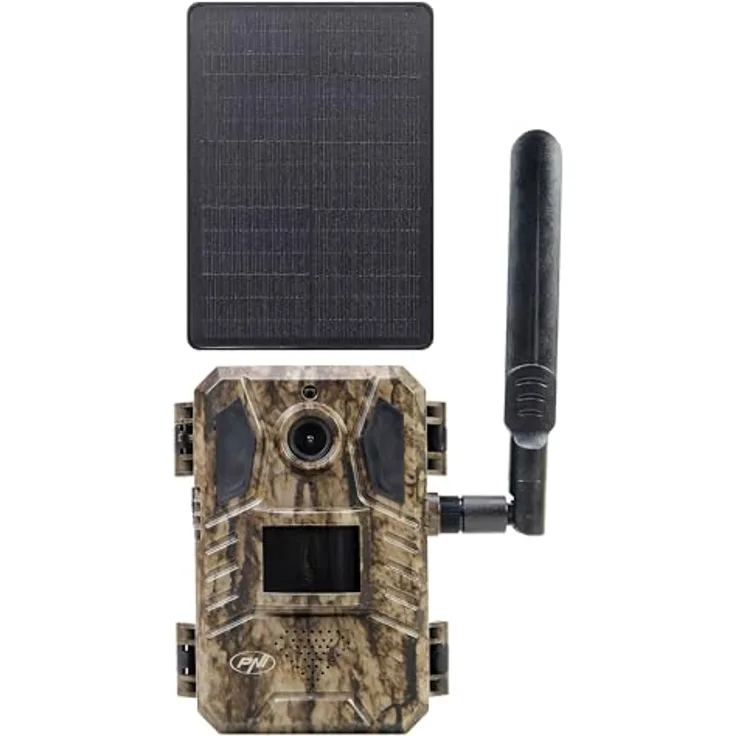 PNI Hunting 751 PRO Camouflage Videoüberwachungskamera, 16 MP, 4G LTE, GPS, Nachtsicht, IP66 wasserdicht, mit Batterie und Solarpanel