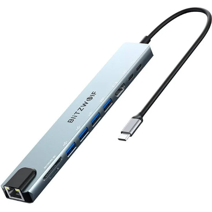 BlitzWolf BW-TH5, 10-in-1 USB-C Dockingstation mit 4K HDMI, 100W PD-Ladeanschluss, silber