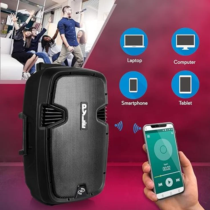 Pyle PA Anlage Komplettset, Bluetooth Musikbox 1000W mit 2 UHF Handmikrofonen und Fernbedienung, schwarz – Bild 3