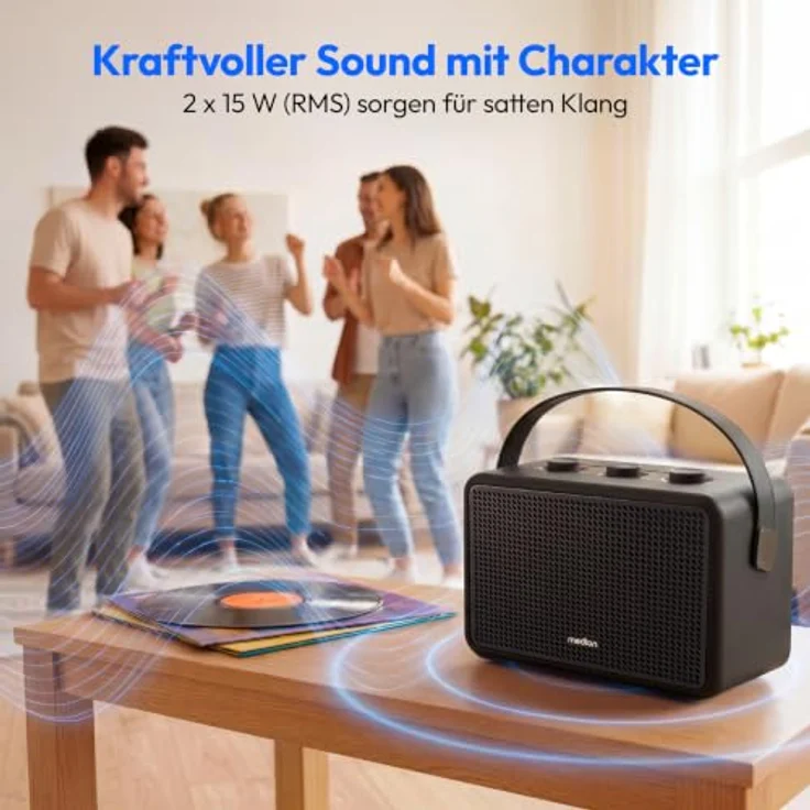 MEDION BXO-1 Bluetooth Lautsprecher, kraftvoller Sound im Retro-Design, 15 Stunden Akkulaufzeit, Bluetooth 5.3, IPX4, USB-C, schwarz – Bild 3