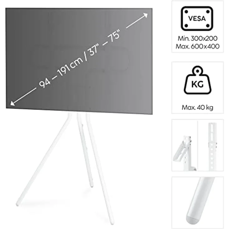 Hama TV Ständer im Staffelei Design (stabiler Fernsehständer für 37-75 Zoll, höhenverstellbarer TV Stand als Tripod, kompaktes TV Stativ, VESA kompatibler Bodenständer) weiß – Bild 2