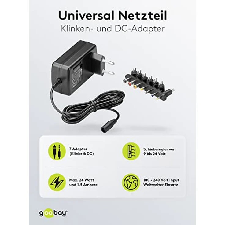 Goobay 54799 Universal Netzteil 9V - 24V max 24 W Netzgerät mit Adapter 1x Klinkenstecker & 6x DC-Stecker 1500 mA Steckernetzteil Schwarz – Bild 2