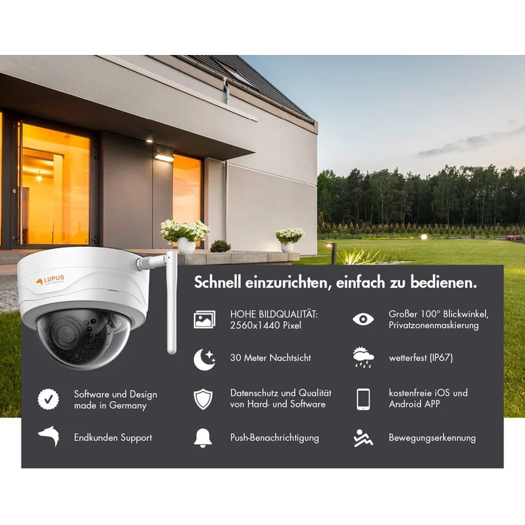 Lupus LE204 WLAN IP Domekamera, Überwachungskamera für außen, SD Aufzeichnung, Deutscher Hersteller, kabellos via WLAN, Nachtsicht, Metallgehäuse, inkl. PC/Mac-Software, ohne Akku, weiß – Bild 3