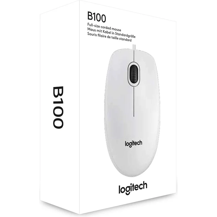 Logitech B100 Maus mit Kabel, USB-Anschluss, 800 DPI Optischer Sensor, 3 Tasten, Für Links- und Rechtshänder, PC-Mac - weiß – Bild 3