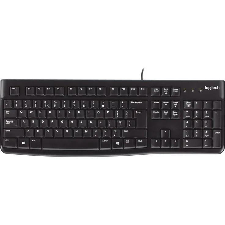 Logitech K120 Kabelgebundene Tastatur für Windows, USB-Anschluss, Leises Tippen, Robust, Spritzwassergeschützt, Einstellbare Tastaturaufsteller, Englisches QWERTY-Layout - schwarz