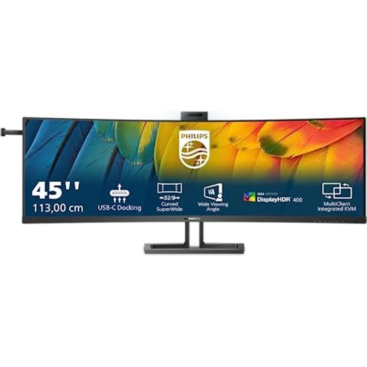 Philips 45B1U6900CH, 45 Zoll DQHD Curved Monitor mit 5 MP Webcam, Adaptive Sync, höhenverstellbar, USB-C (100W PD), schwarz – Bild 2